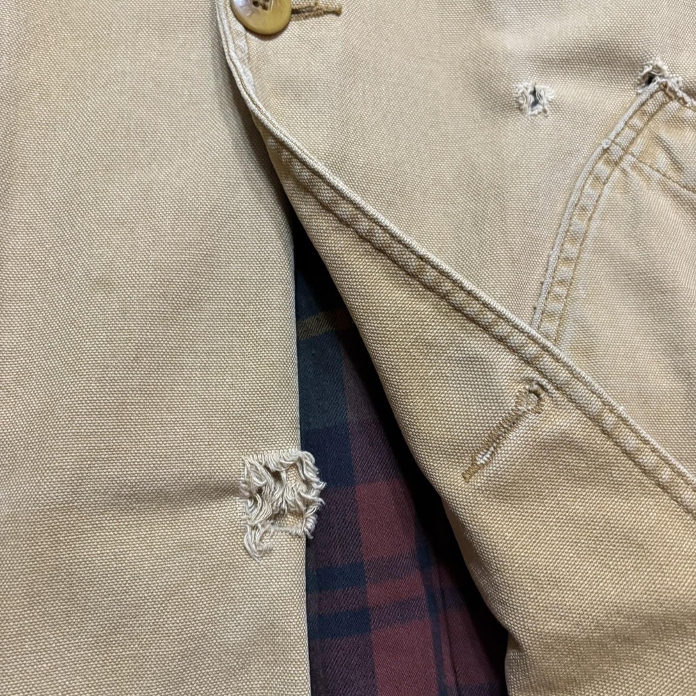 Vtg LL Bean Jacket XXL Beige Canvas Plaid Lined Field Barn Chore Coat Distressed - Picture 6 of 16
